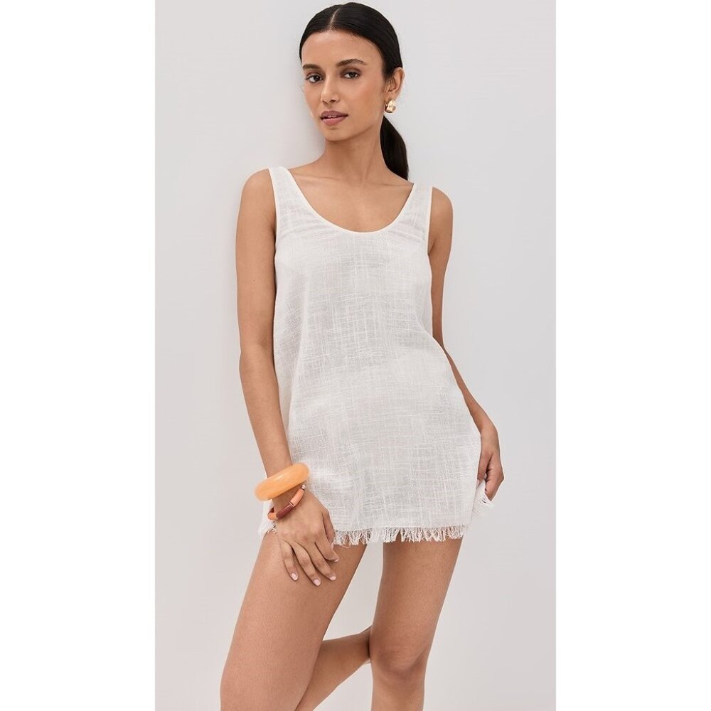 STAUD White Mini Tank Dress with Fringed Hem